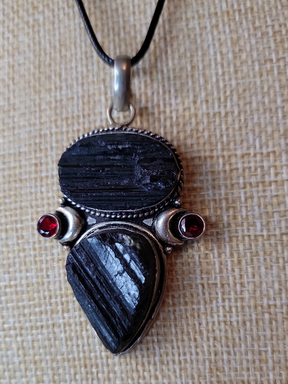Black Tourmaline Necklace with Red Accent Stones